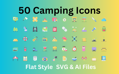Camping Ikonuppsättning 50 platta ikoner - SVG och AI-fil