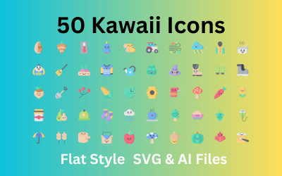 Conjunto de ícones Kawaii 50 ícones planos - arquivos SVG e AI