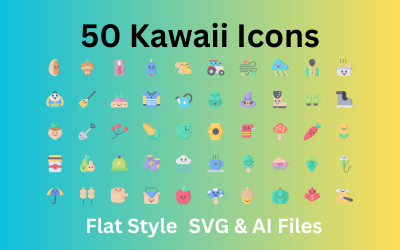 Kawaii Icon Set 50 icone piatte - file SVG e AI