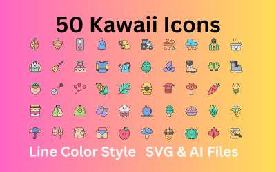 Kawaii ikonkészlet 50 soros színes ikonok - SVG és AI fájlok