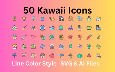 Kawaii Simge Seti 50 Satır Renkli Simgeler - SVG ve AI Dosyaları