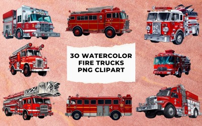 Klipart 30 akvarel hasičská auta PNG