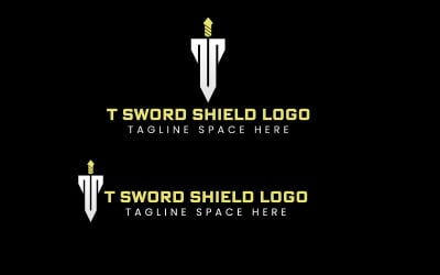 T tarcza z mieczem | Logo litery T Szablon logo tożsamości marki-