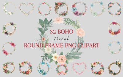 32 Boho Floral Round Frame Clipart