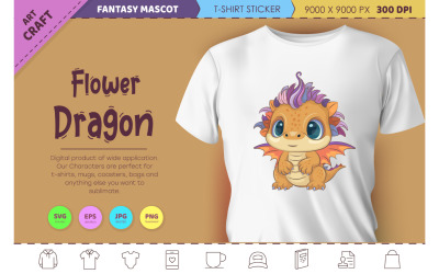 Flower cartoon dragon. Fantasy clipart.