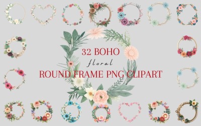 32 Boho blommig rund ram Clipart