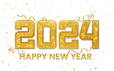 Boldog új évet 2024 szövegeffektus, arany csillogó konfetti háttér