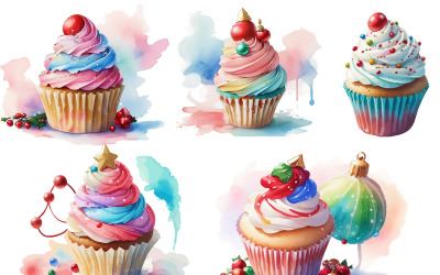 Clipart de cupcakes navideños en acuarela