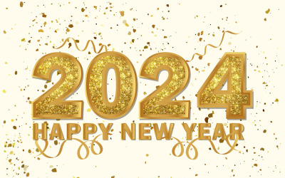 Gott nytt år 2024, gyllene glitter konfetti bakgrund