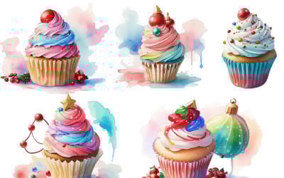 Watercolor Christmas Cupcake Clipart