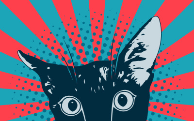 Een vectorkat in een pop-artstijl, met een kleurrijke gestreepte en halftoonachtergrond