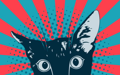 Un gato vectorial en un estilo pop art, con un fondo colorido a rayas y semitonos