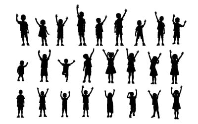 Groep gelukkig kind dansen, kind hand opsteken