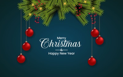décoration de fond de Noël sur fond bleu avec branche de pin et boule de Noël
