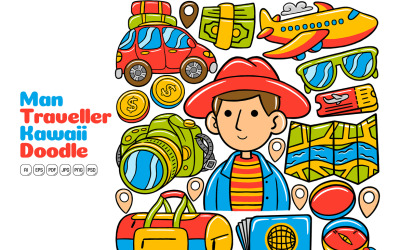 Man Traveller Kawaii Doodle Vector Illustration