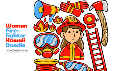 Жінка пожежний Kawaii Doodle Векторні ілюстрації