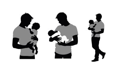 Silhouette eines Vaters, der sein Baby hält, Silhouetten von Vater und Baby zusammen