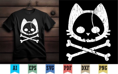 Diseño de camiseta de halloween con calavera y tibias cruzadas de gato pirata. Diseño de camiseta de halloween de gato peligroso.