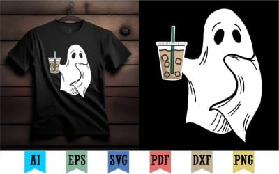 Impressão de fantasma de desenho animado com xícara de café camisetas