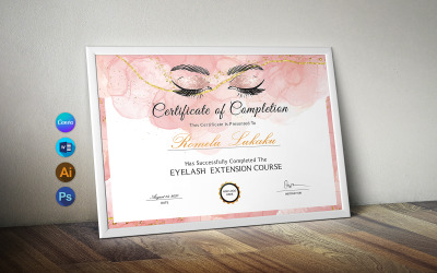 Nowoczesny szablon projektu certyfikatu kursu Eye Lash w Photoshopie, Canvie i programie Word