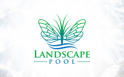 Logotipo luxuoso do gramado da borboleta da piscina da paisagem