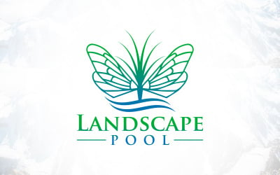 Роскошный ландшафтный бассейн с логотипом на лужайке с бабочками