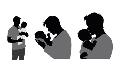 Silhouette di papà e neonato, padre che tiene in braccio la silhouette di bambino, padre ama suo figlio