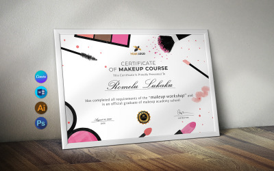 Design de modelo de certificado de curso de maquiagem Canva e Word
