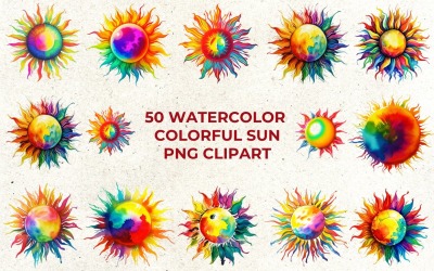 50 Watercolor Colorful Sun Clipart