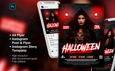 Halloween — ulotka z imprezą nocną w klubie DJ-skim i post w mediach społecznościowych