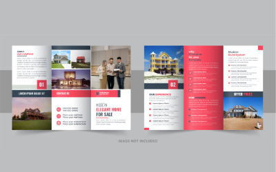 Modelo de design de folheto com três dobras de negócios imobiliários modernos, construção e venda de casas