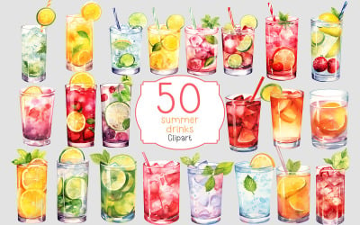 Imágenes prediseñadas de bebidas de verano en acuarela sobre fondo transparente
