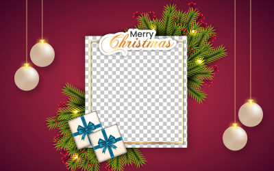 cadre photo de Noël et cadre de Noël avec boule de Noël de branche de pin et concept d&amp;#39;étoile