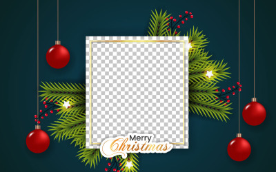 christmas photo frame and christmas frame  with pine branch christmas balls