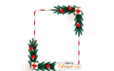Vector natale foto freme foglia di natale fiocchi di neve dorati palle di natale e luce di natale