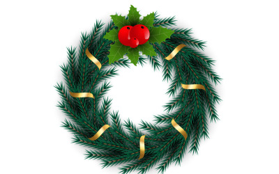 Decoración de corona navideña. vector de corona con hojas de pino, bolas de Navidad en el fondo