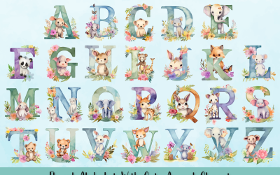 Blommig Alfabet Med Söta Djur Clipart Bunt