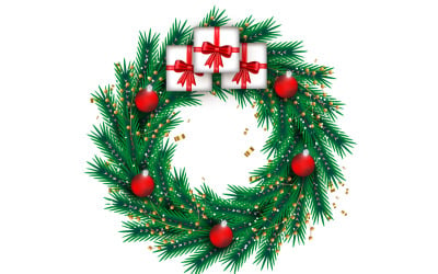 Christmas wreath decoration . wreath  with pine leaves, christmas balls and a golden ribbon
