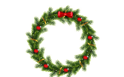 Corona con bolas rojas de Navidad, arco y estrellas doradas aisladas sobre fondo blanco