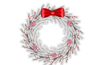 Decoración de corona navideña. vector de corona con hojas de pino, bolas de navidad y cinta roja