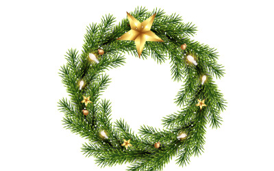 Julkrans med röda julgranskulor, rosett och gyllene stjärnor isolerad på vit bakgrundsidé