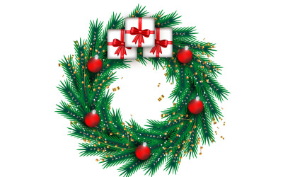Julkransdekoration . krans med tallblad, julkulor och ett gyllene band
