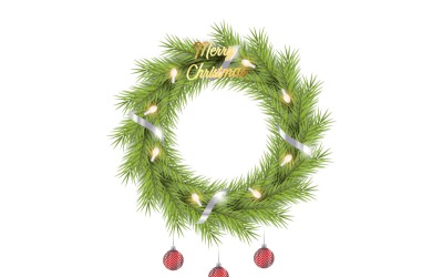 Couronne de Noël réaliste de vecteur avec des feuilles de pin, des boules de Noël et un style de ruban doré
