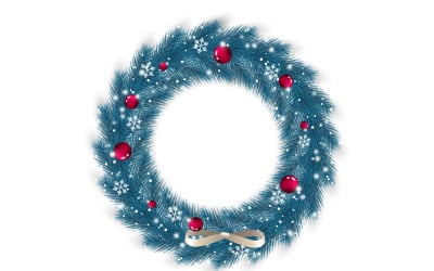 Realistic christmas wreath with pine leaves, christmas balls and a golden ribbon
