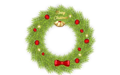 Christmas greeting card and background. Christmas wreath with  pine leaves, christmas balls