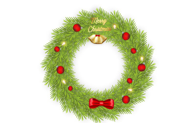 Christmas wenskaart en achtergrond. Kerstkrans met pijnboombladeren, kerstballen