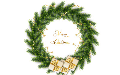 God jul gratulationskort och bakgrund. Julkrans med tallblad, julgranskulor