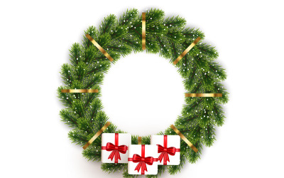 Julhälsningskort och julkrans med talllöv, julgranskulor