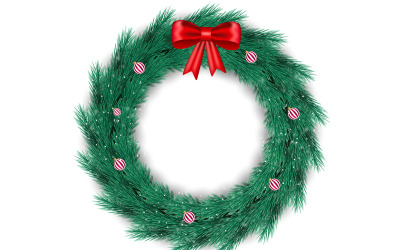 Julkrans med talllöv, julgranskulor. God jul gratulationskort och bakgrund.