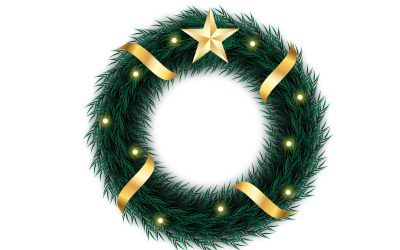 Julkrans med talllöv, julgranskulor. Julhälsningskort och bakgrund